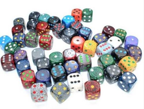Chessex 16mm d6 Dice with Pips: Bag of 50 Assorted - Speckled